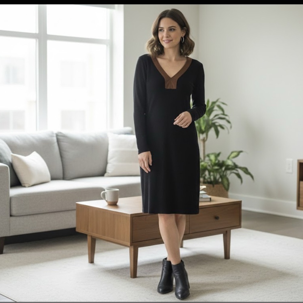 Lauren Ralph Lauren Black Dress with Brown V-Neck